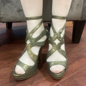 LEON MAX Green Snake Double Wrap Platform Heels